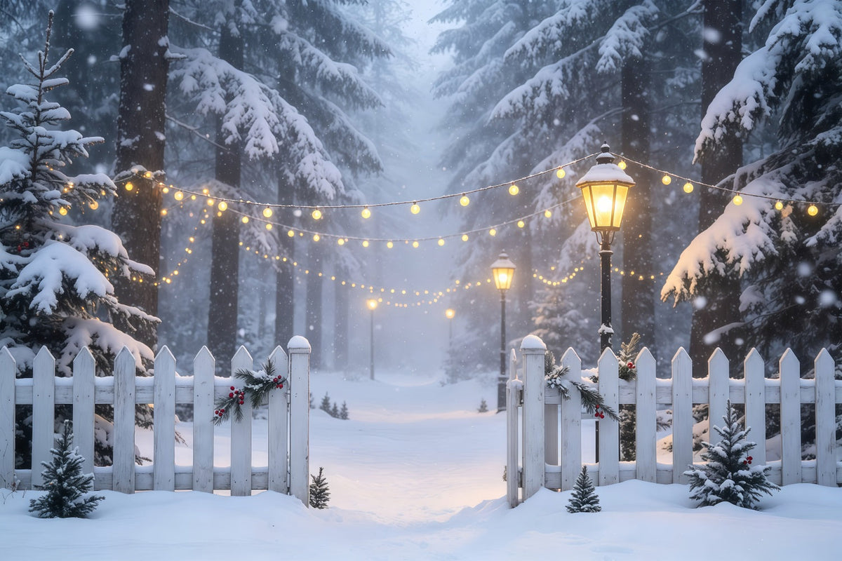 Winterliche Weihnachtskulisse Lichtpfad Im Verschneiten Wald Weihnachtshintergrund Aus Musselin GQ68-74