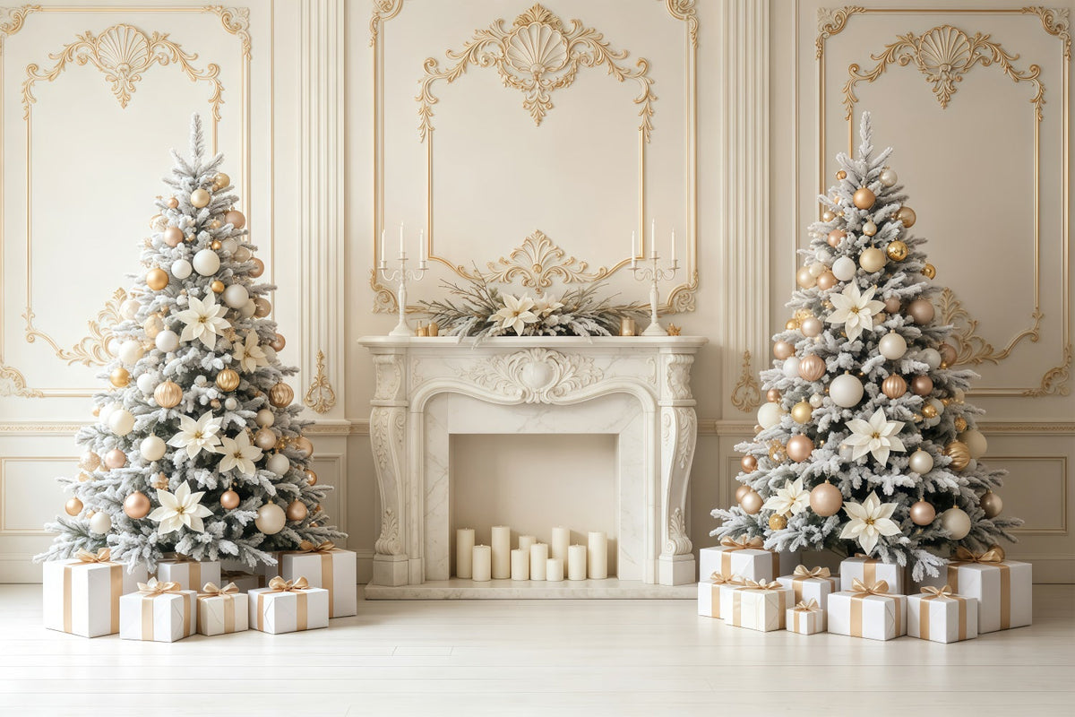Weihnachtswand-Hintergrund Elfenbeingoldener Kamin Eleganz Weihnachtskulisse GQ68-78
