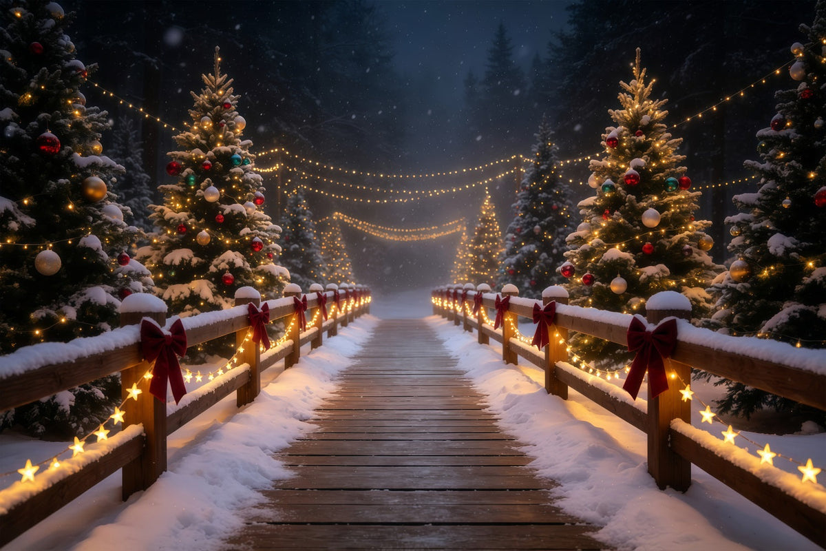 Verschneite Weihnachtskulisse Leuchtender Waldbrückenweg Weihnachts-Fotografie-Hintergrund GQ68-83