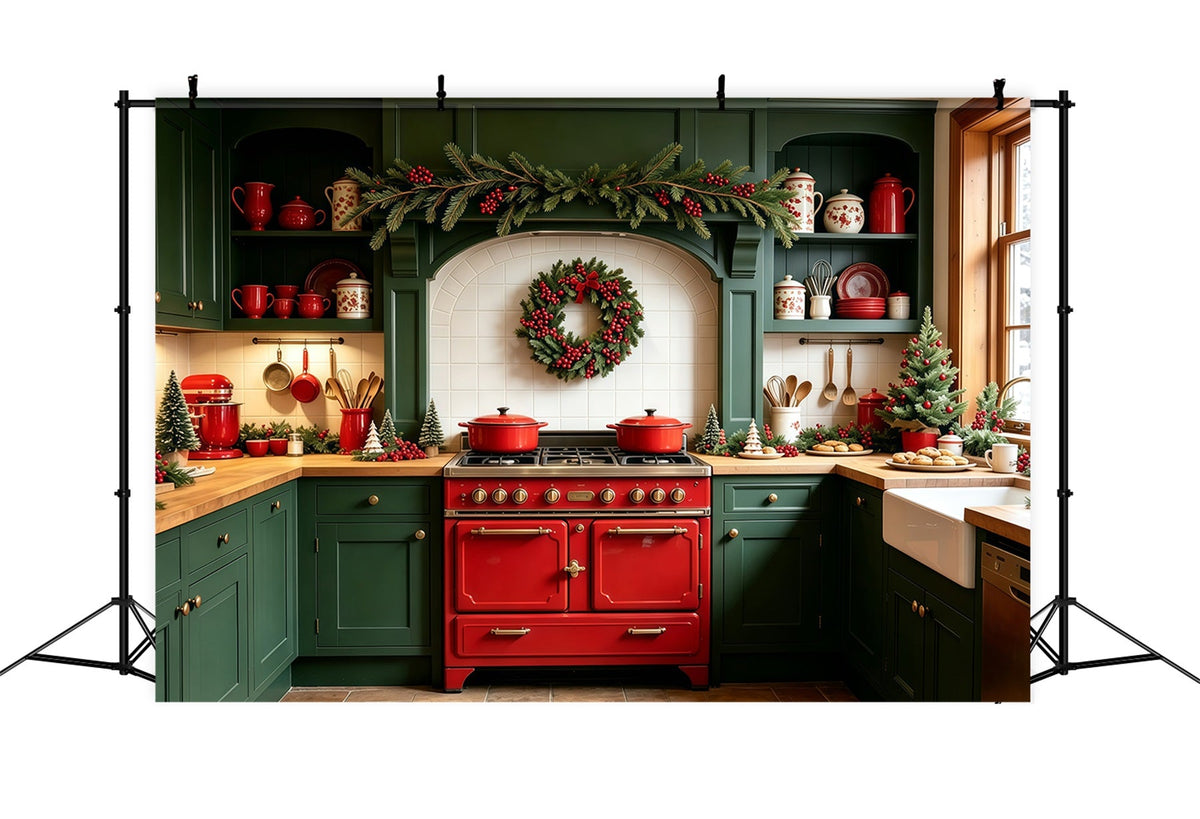 Weihnachtsküchen-Hintergründe Zimmerdekoration Mit Grünen Girlanden Studiohintergründe Weihnachten GQ69-1