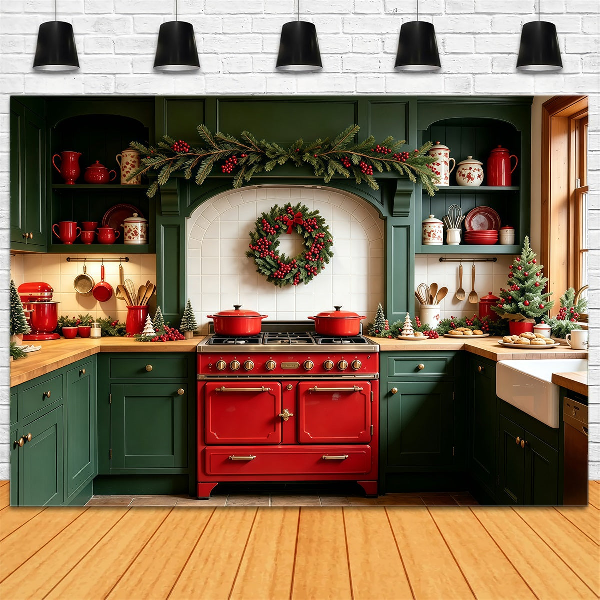 Weihnachtsküchen-Hintergründe Zimmerdekoration Mit Grünen Girlanden Studiohintergründe Weihnachten GQ69-1