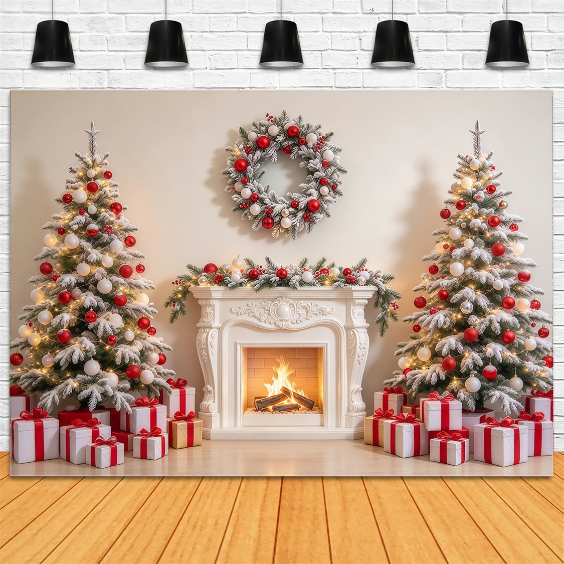 Rot Weißer Weihnachtshintergrund Gemütlicher Kamin GQ69-101
