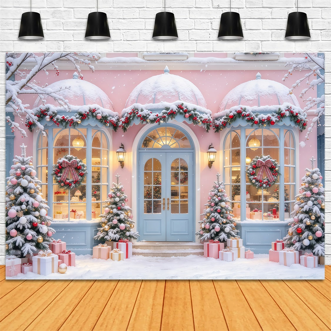 Weihnachtlicher Familienhintergrund Pastellrosa Verschneites Schaufenster GQ69-102