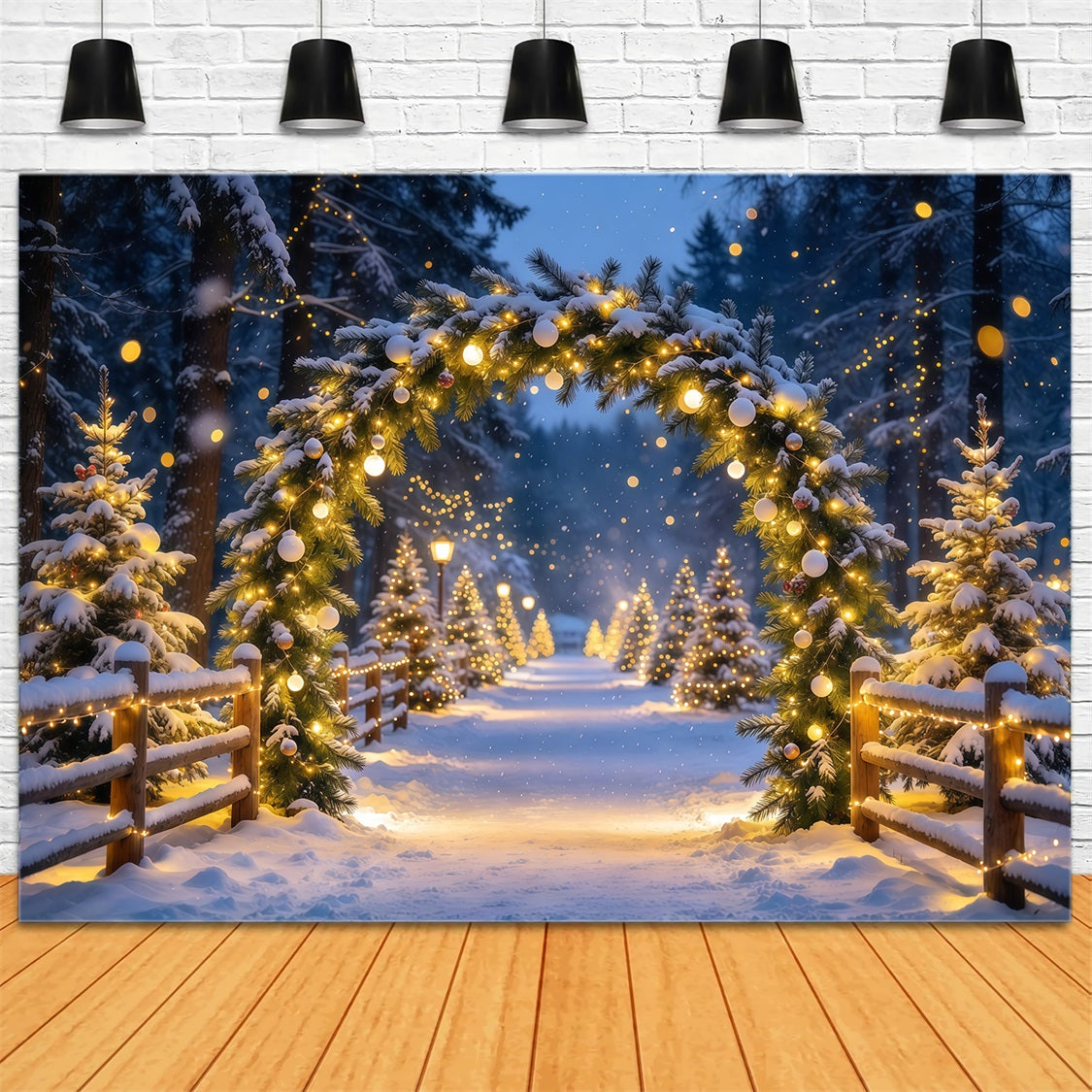 Weihnachtlicher Hintergrund Beleuchteter Wald Verschneiter Bogen Bokeh GQ69-103