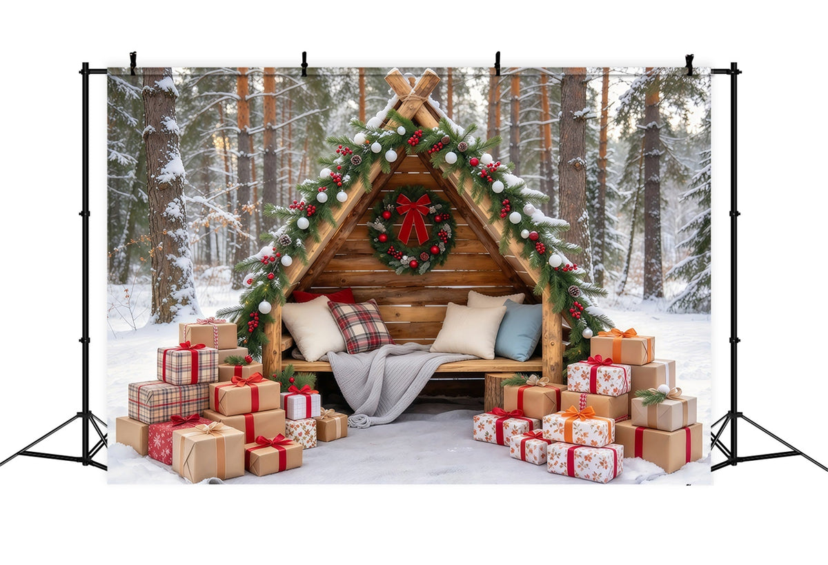 Weihnachtlicher Außenfotohintergrund Rustikale Waldhütte Winterurlaub GQ69-105