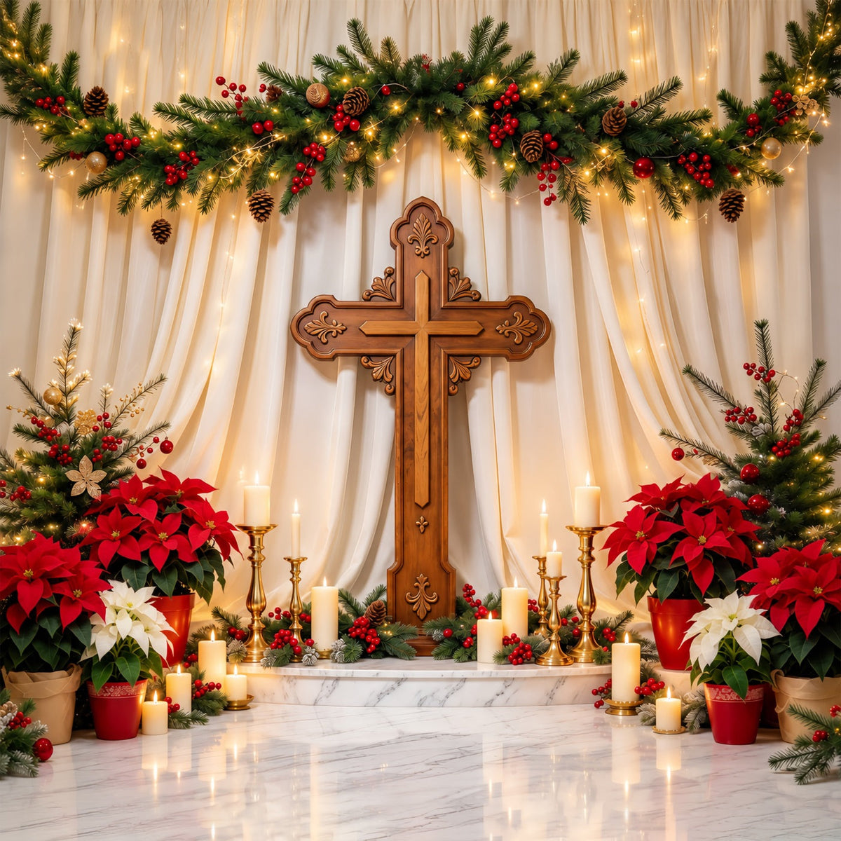 Religiöser Weihnachtshintergrund Kerzenbeleuchtetes Kreuz Weihnachtsstern GQ69-106