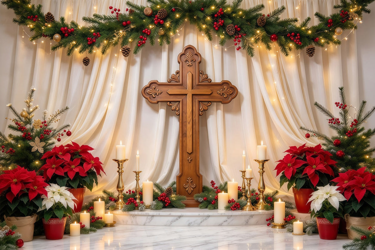 Religiöser Weihnachtshintergrund Kerzenbeleuchtetes Kreuz Weihnachtsstern GQ69-106