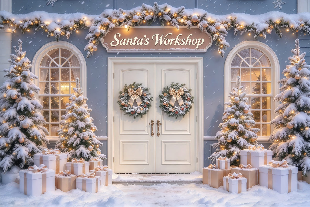 Hochauflösender Weihnachtshintergrund Verschneite Tür Werkstatt GQ69-108