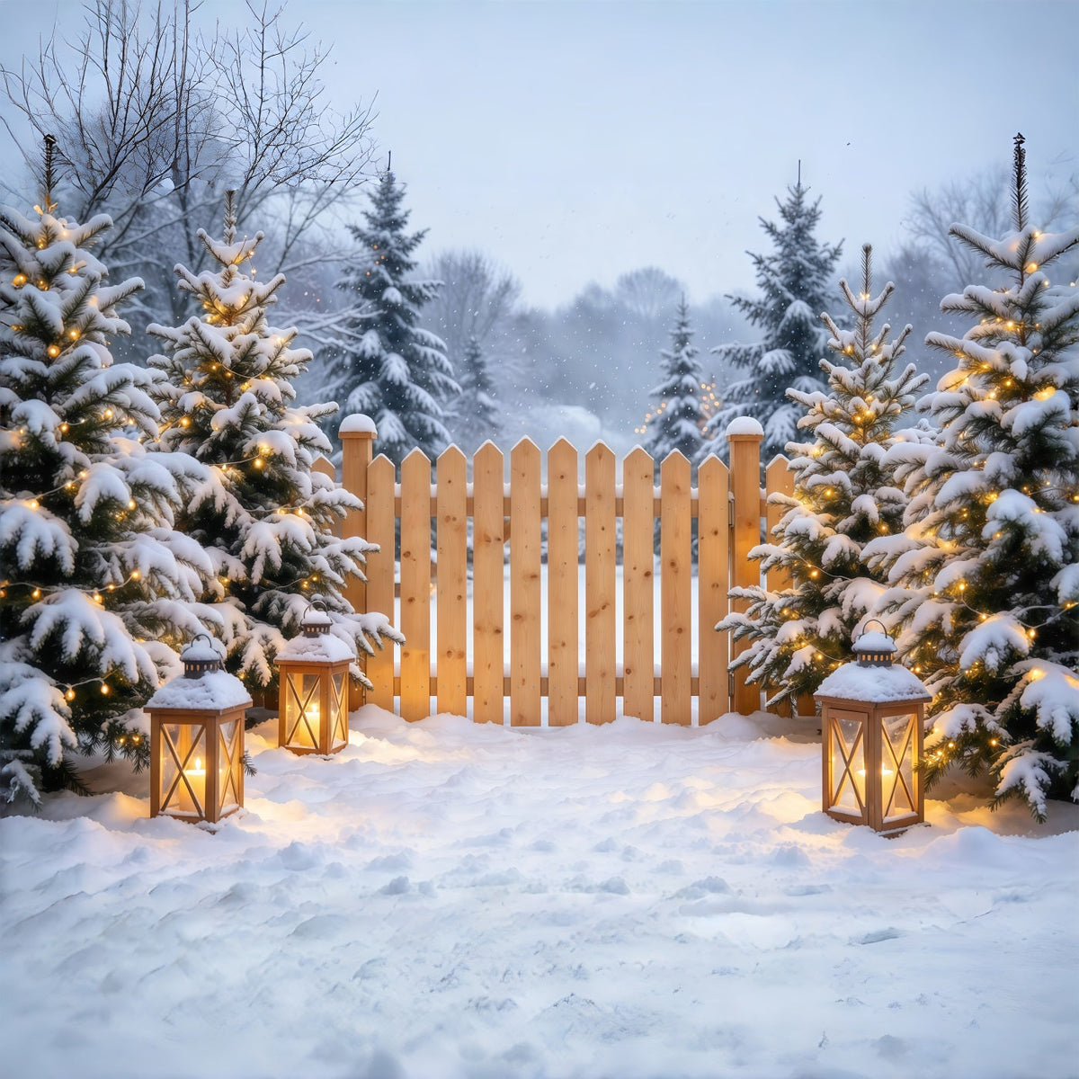 Weihnachtlicher Außenhintergrund Verschneiter Kiefern Laternenzaun GQ69-110