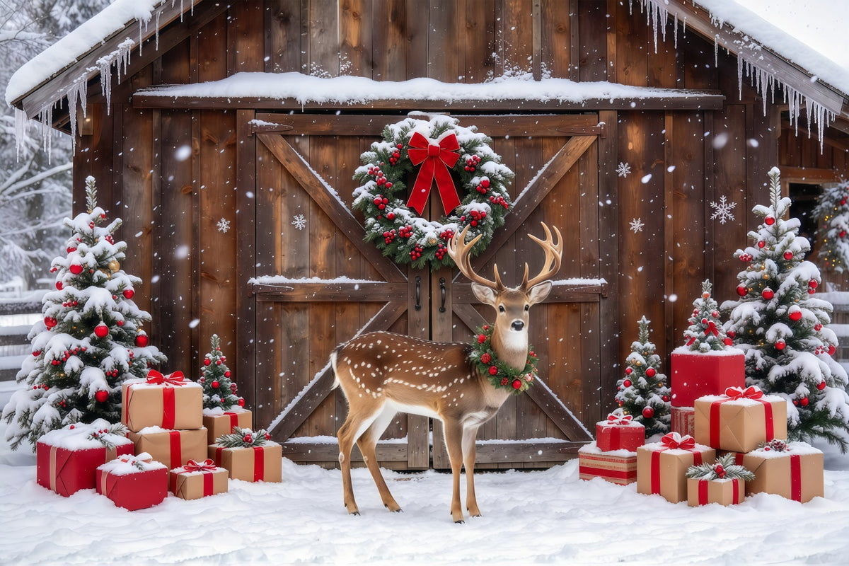 Ländlicher Weihnachtsfotohintergrund Verschneite Rentiere Scheune GQ69-111