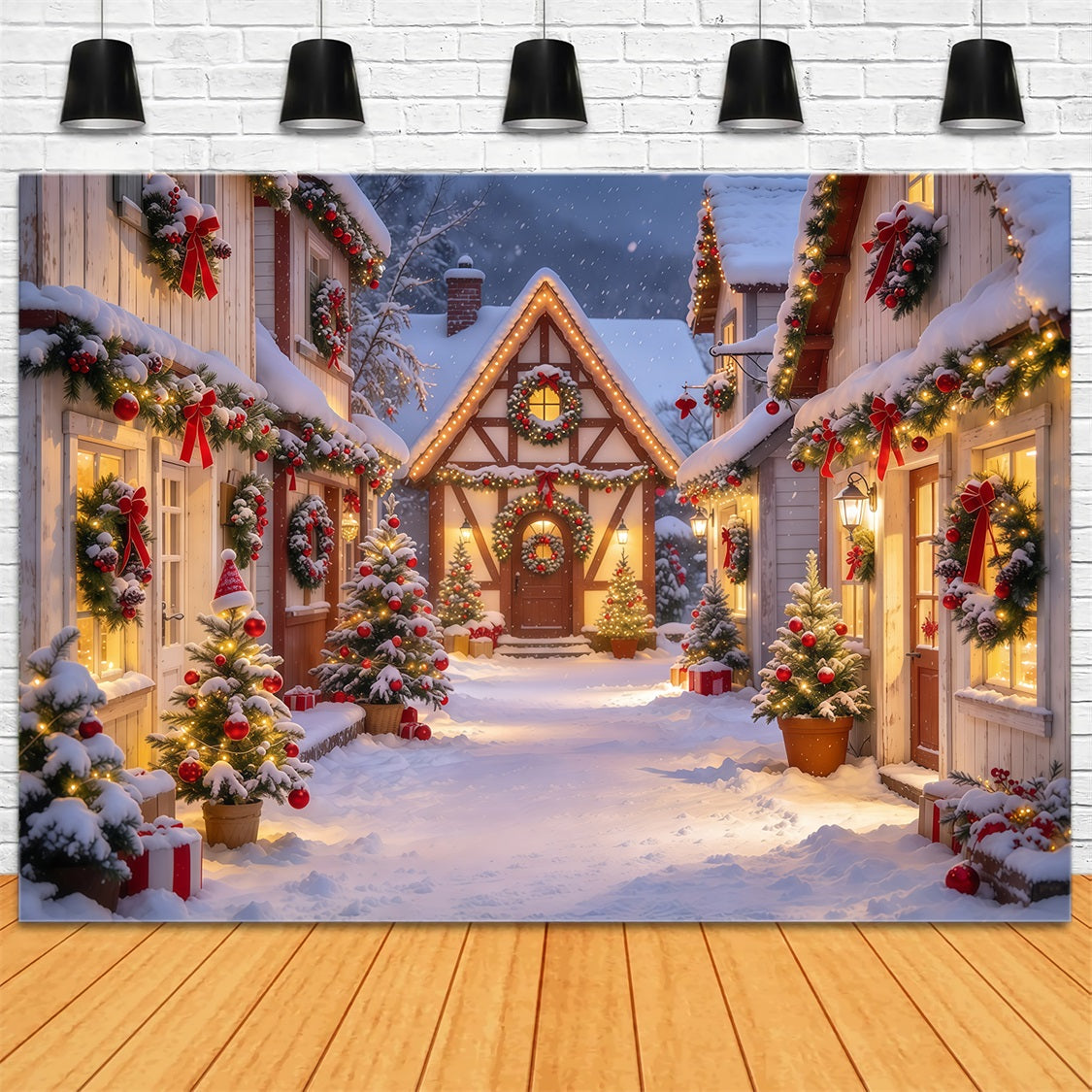 Weihnachtlicher Hintergrund Verschneite Girlanden Dorfstraße GQ69-118