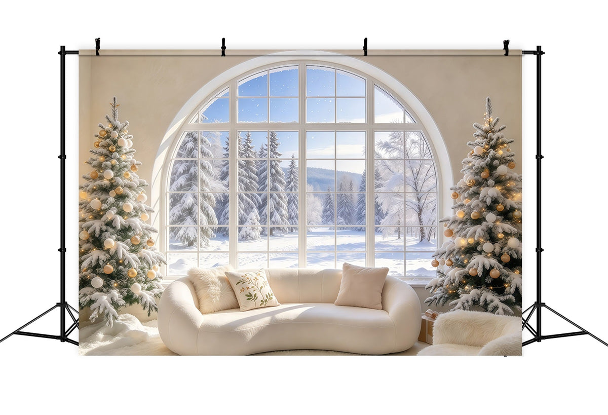 Weihnachtlicher Sofahintergrund Verschneites Bogenfenster Wohnzimmer Geschenke GQ69-120
