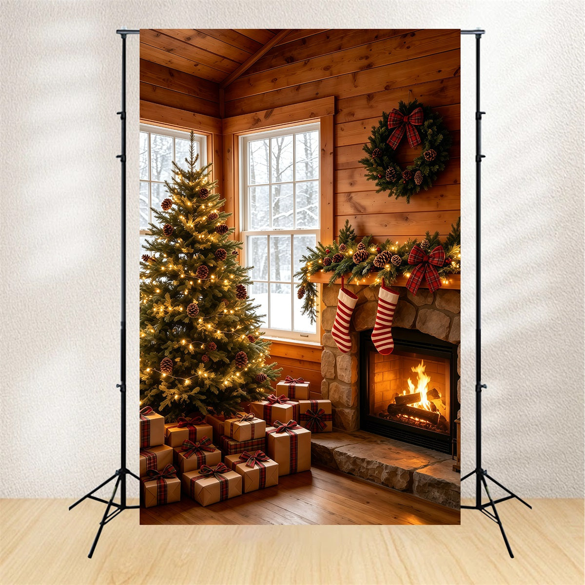 Rustikale Weihnachtskulisse Gemütlicher Hüttenkaminbaum Weihnachtshintergrund GQ69-23
