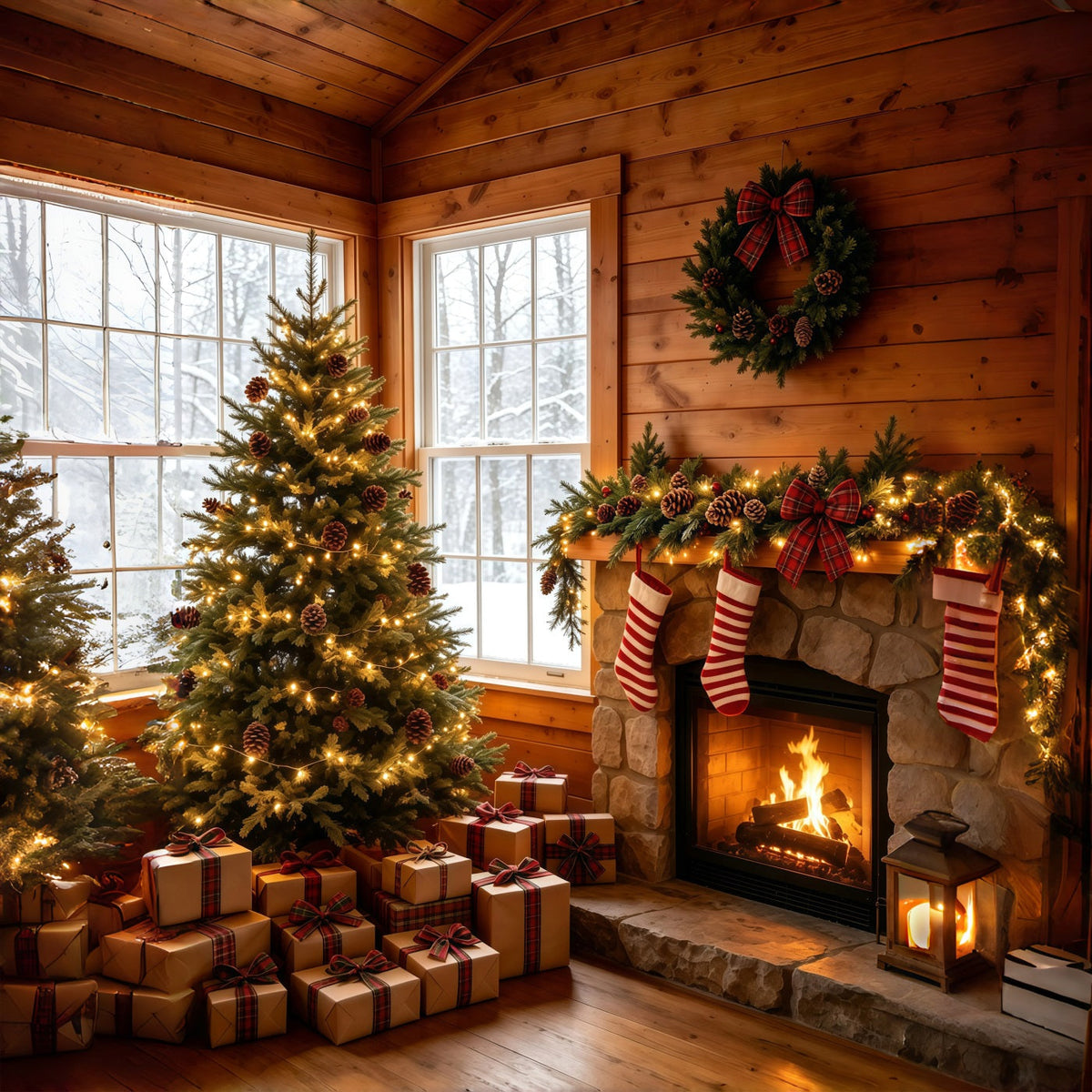 Rustikale Weihnachtskulisse Gemütlicher Hüttenkaminbaum Weihnachtshintergrund GQ69-23