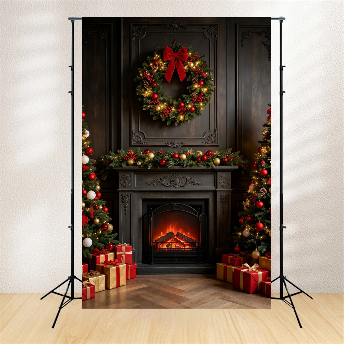 Dunkler Weihnachtshintergrund Vintage Kaminkranz-Kaminsims Weihnachts-Fotografie-Hintergründe GQ69-26