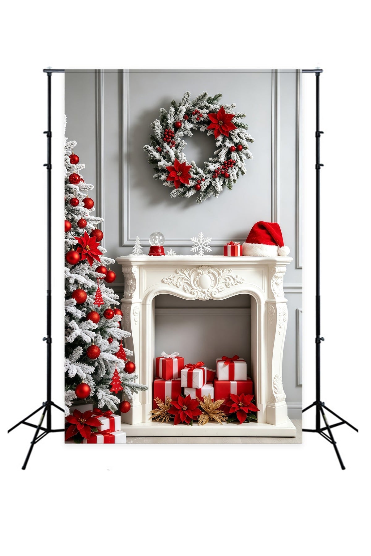 Kamin-Hintergrund Weihnachten Weißer Weihnachtsstern Als Kamindekoration Weihnachtsfotohintergrund GQ69-27