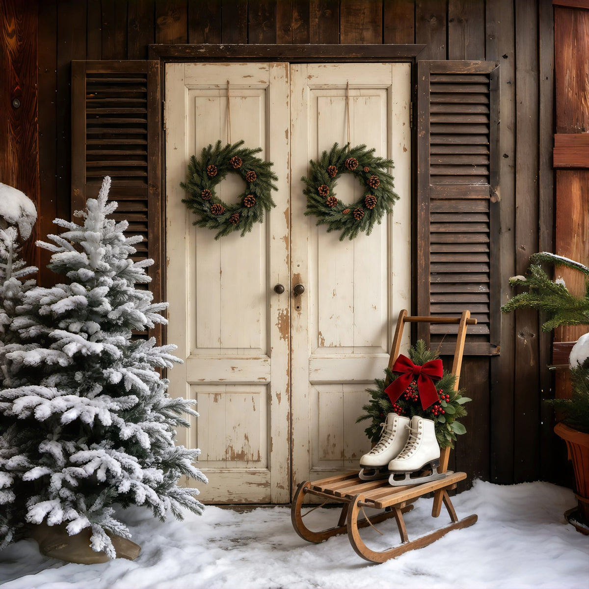 Weihnachtskulisse Mit Scheunentor Rustikaler Weißer Türkranz Weihnachtshintergründe GQ69-32