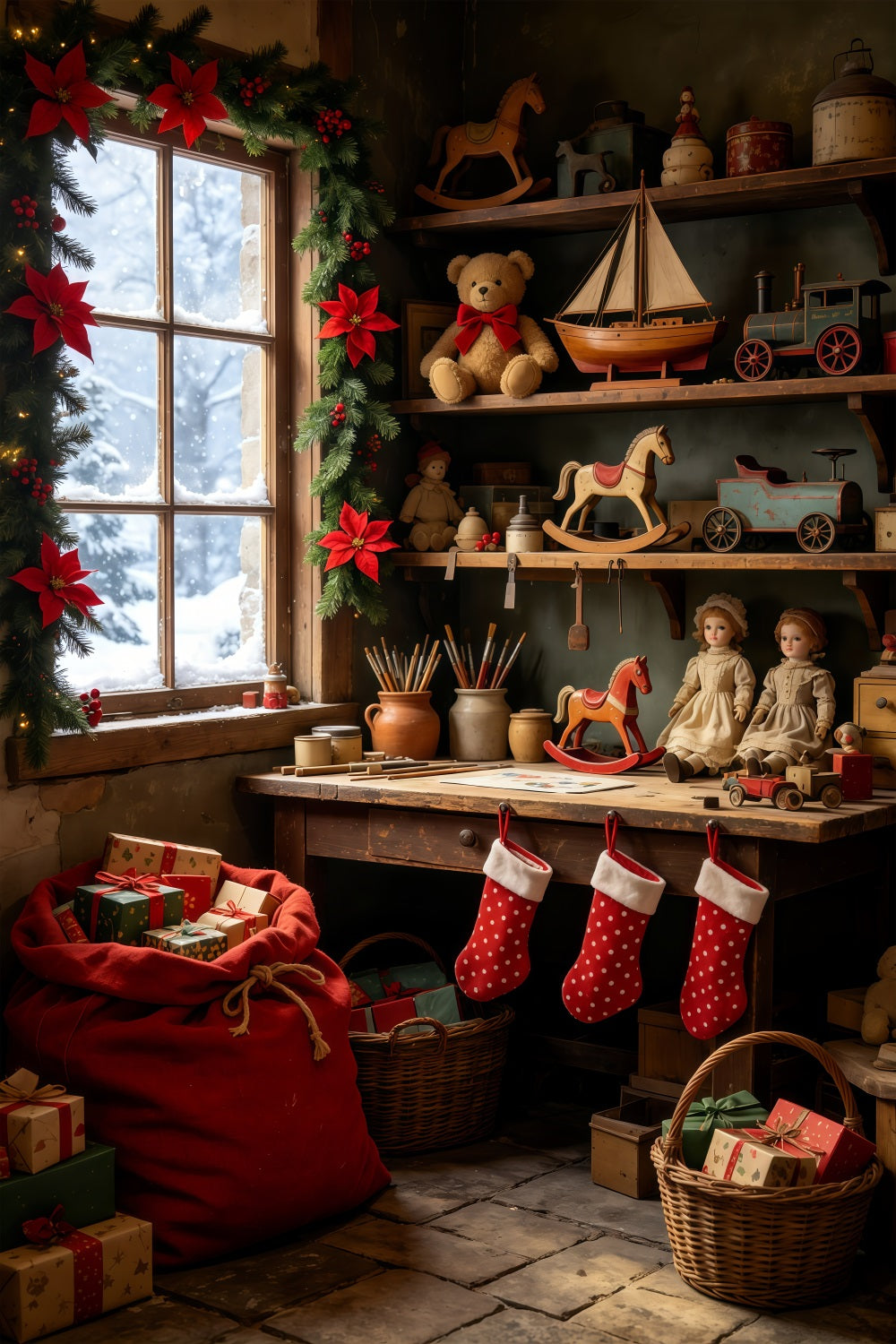 Weihnachtshütten-Kulisse Vintage-Spielzeugregalzimmer Weihnachtsstudio-Hintergrund GQ69-37