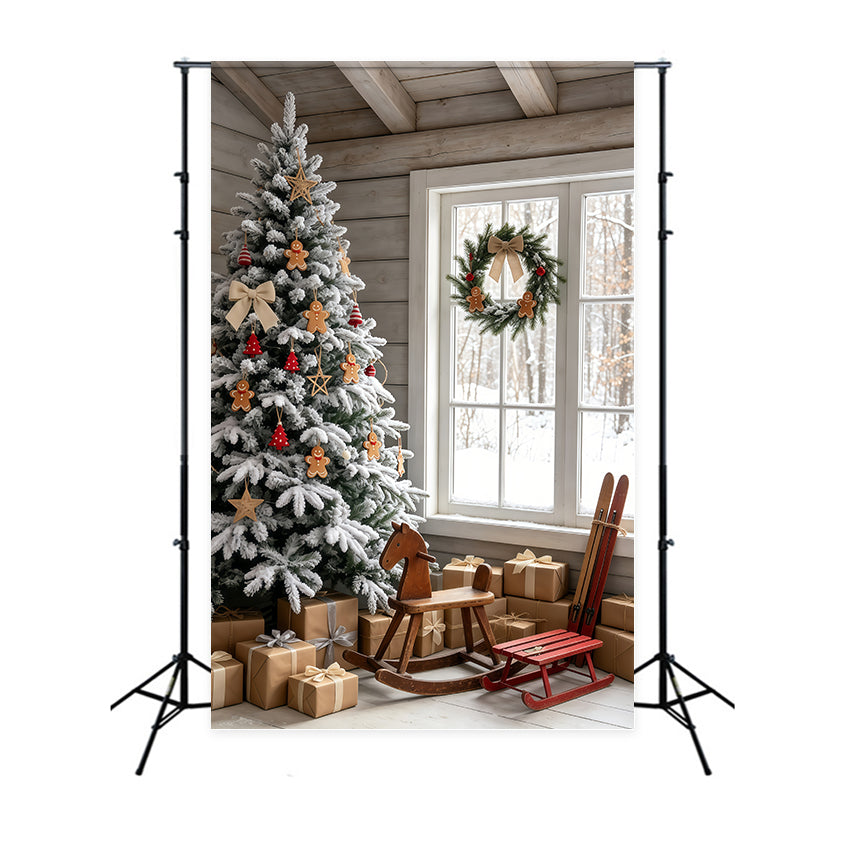 Weihnachtshütten-Kulisse Zimmer Mit Schneebedecktem Lebkuchenbaum Weihnachtliche Indoor-Hintergrundkulisse GQ69-48