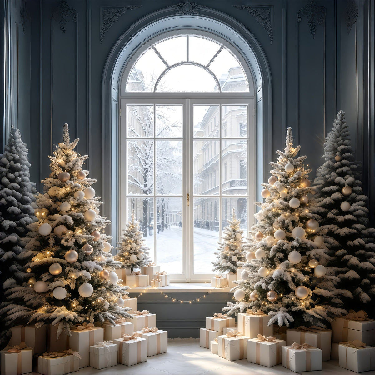 Weihnachtsfenster-Hintergrund Schneebedeckte Straßenansicht, Baumausstellung Weihnachtshintergrund Aus Musselin GQ69-52