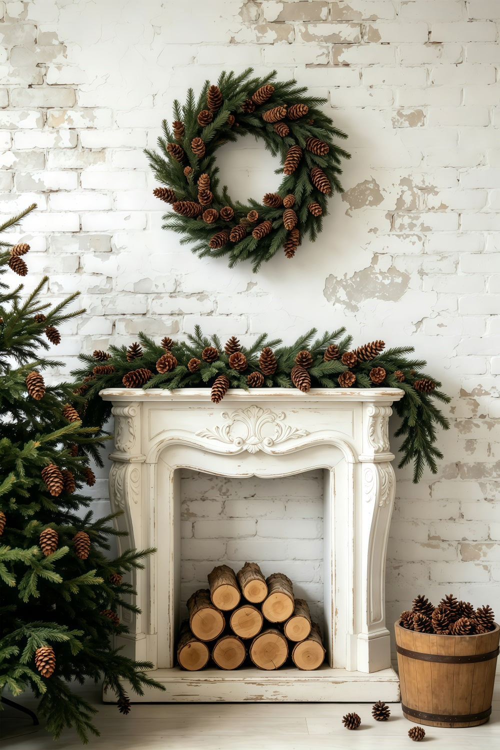 Weihnachtswand-Hintergrund Kaminsimsdekoration Aus Tannenzapfenkranz Weihnachts-Fotohintergründe GQ69-54