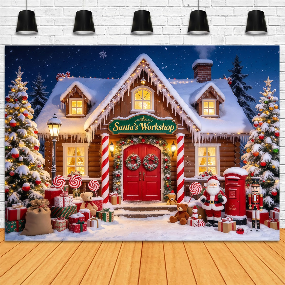 Weihnachtlicher Fotoshooting Hintergrund Verschneite Santa Werkstatt Dekoration GQ69-71
