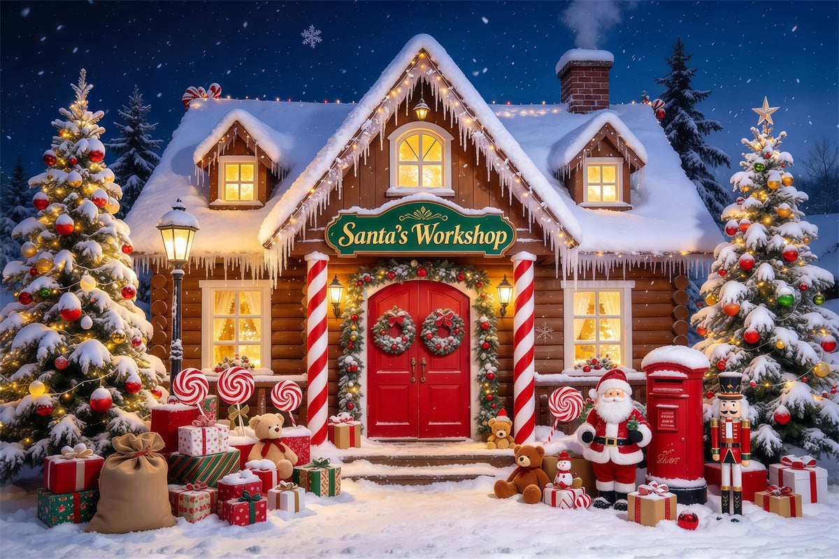 Weihnachtlicher Fotoshooting Hintergrund Verschneite Santa Werkstatt Dekoration GQ69-71