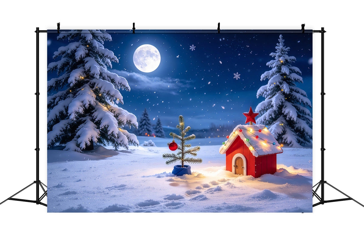 Lustiger Weihnachtshintergrund Mondbeschienene Verschneite Hütte Landschaft GQ69-73