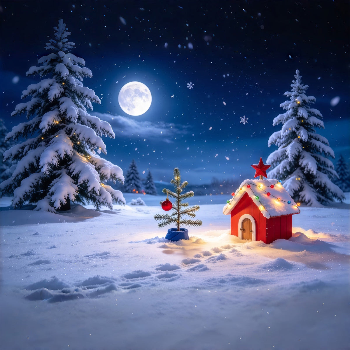 Lustiger Weihnachtshintergrund Mondbeschienene Verschneite Hütte Landschaft GQ69-73