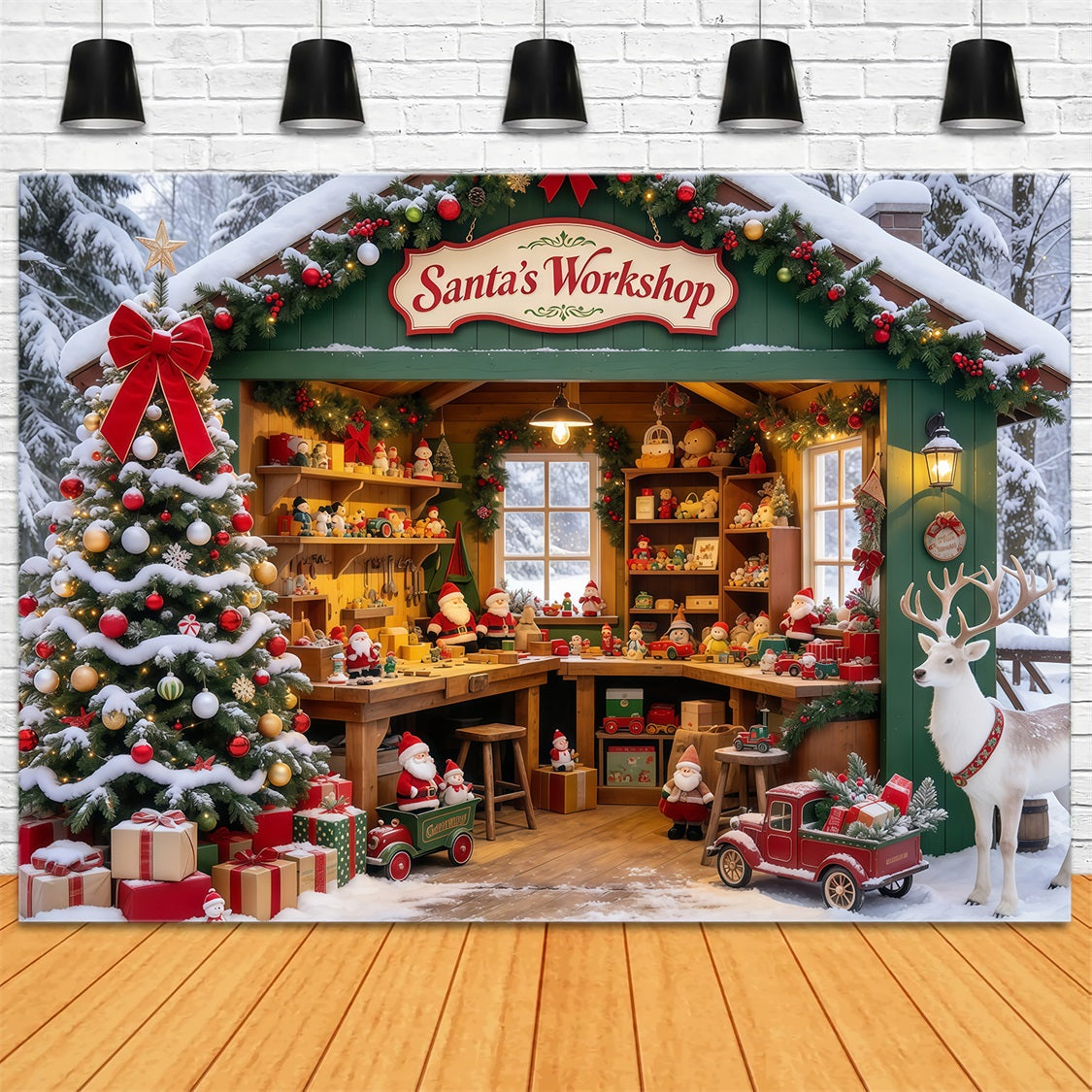 Santa Werkstatt Hintergrund Verschneites Waldhaus Rentiere GQ69-74