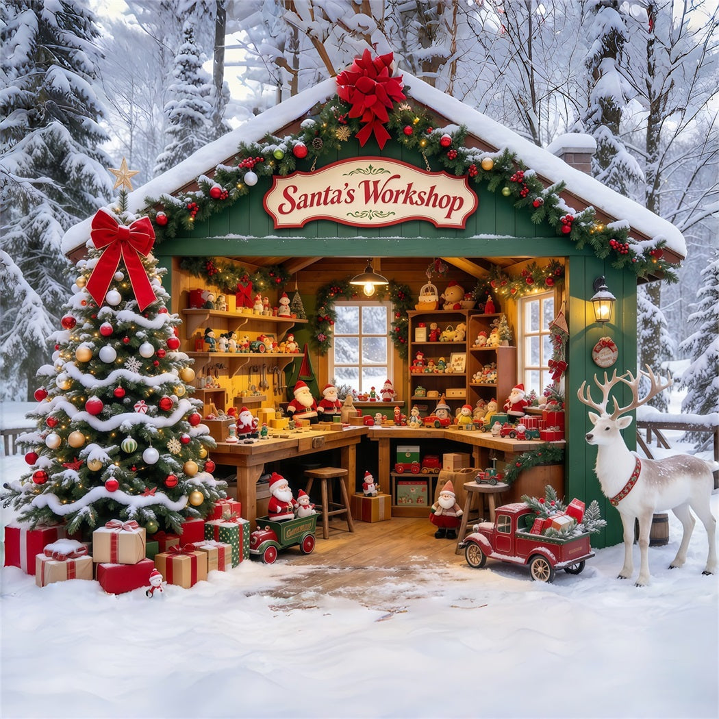 Santa Werkstatt Hintergrund Verschneites Waldhaus Rentiere GQ69-74