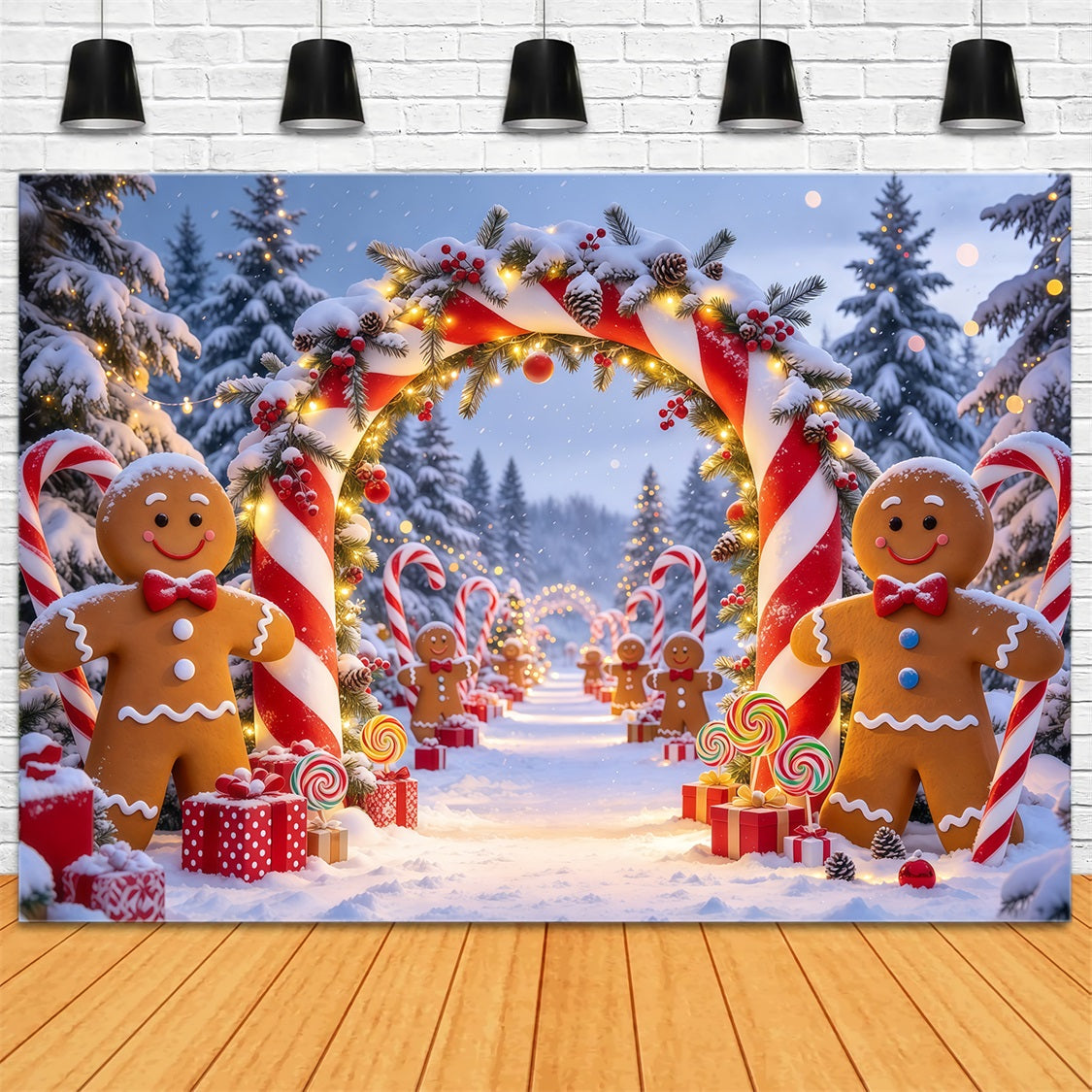Weihnachtlicher Porträthintergrund Lebkuchen Verschneiter Waldweg Zuckerstange GQ69-80