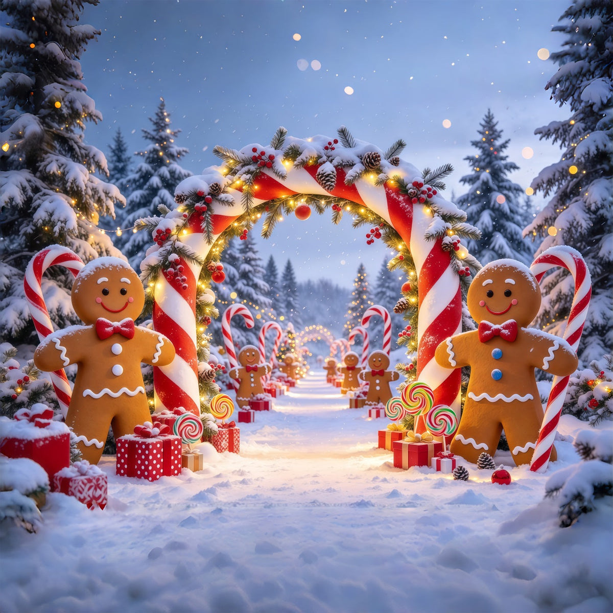 Weihnachtlicher Porträthintergrund Lebkuchen Verschneiter Waldweg Zuckerstange GQ69-80