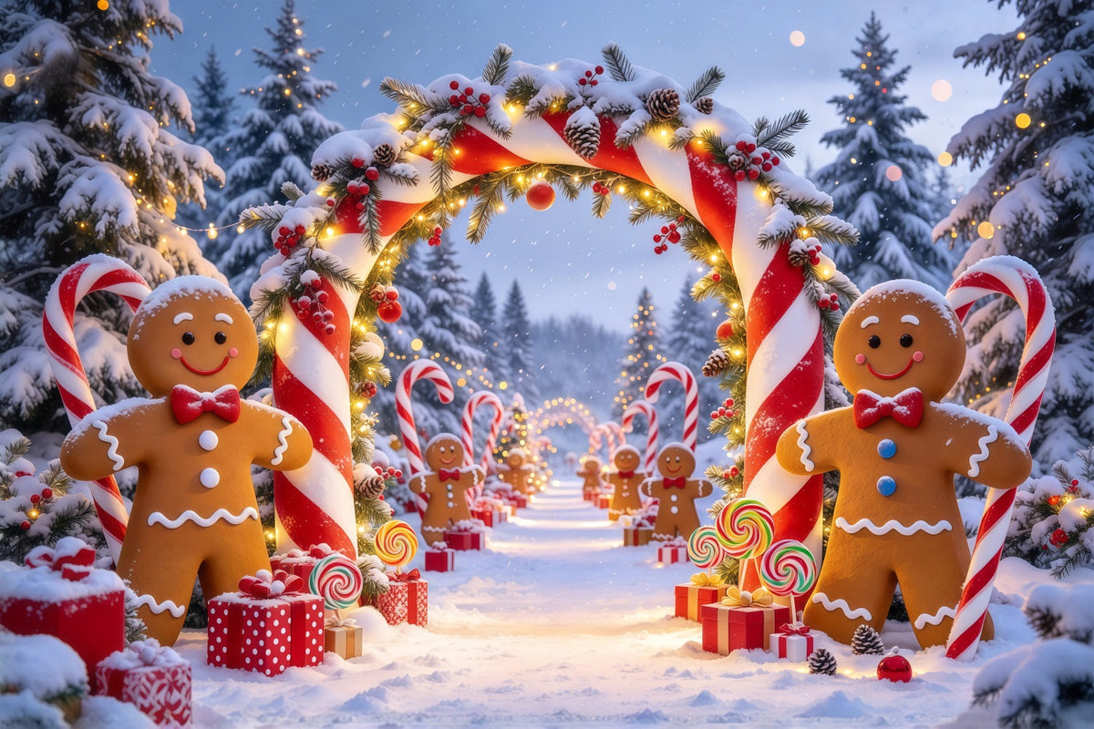Weihnachtlicher Porträthintergrund Lebkuchen Verschneiter Waldweg Zuckerstange GQ69-80