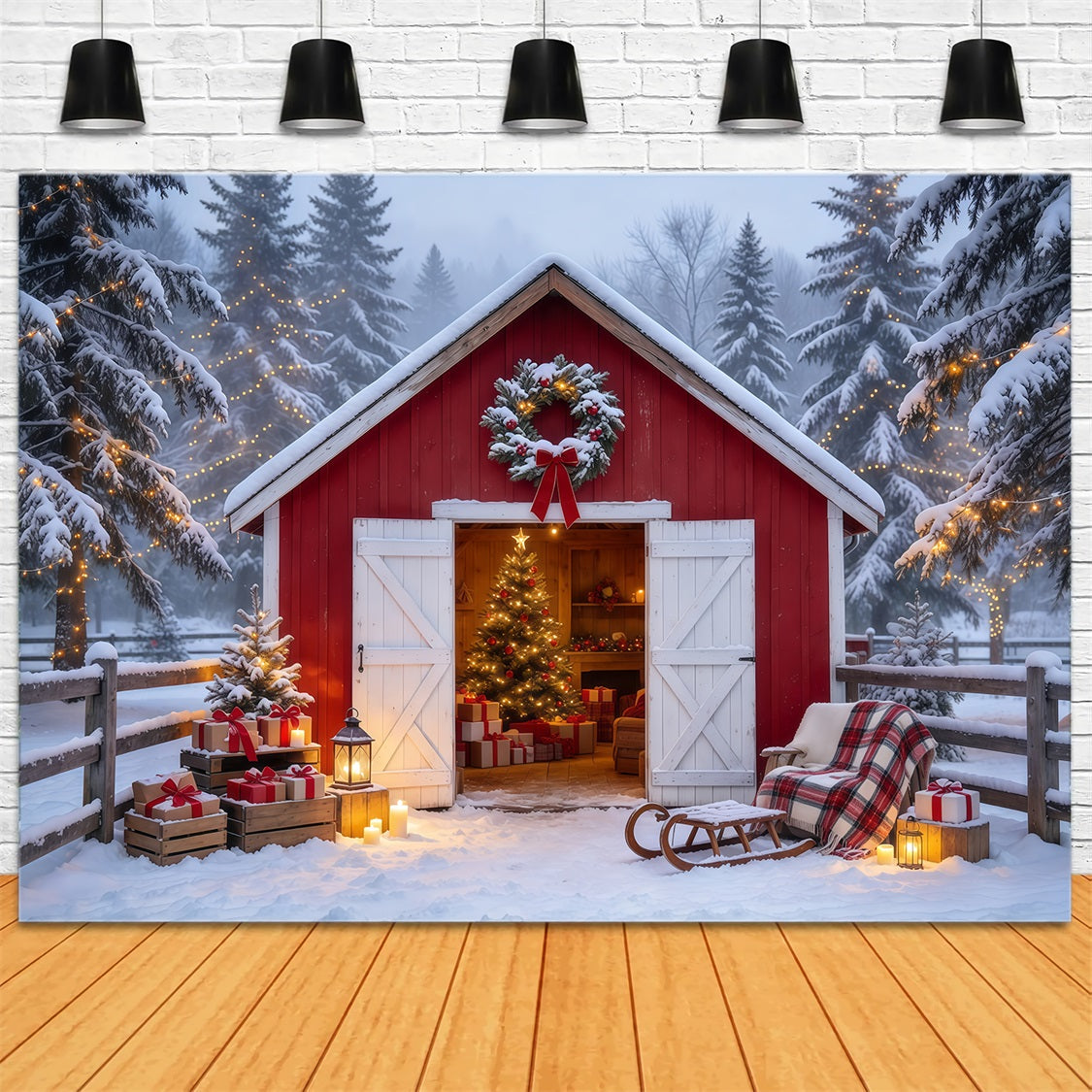 Ländlicher Weihnachtshintergrund Verschneite Rote Scheune Rückzugsort GQ69-84
