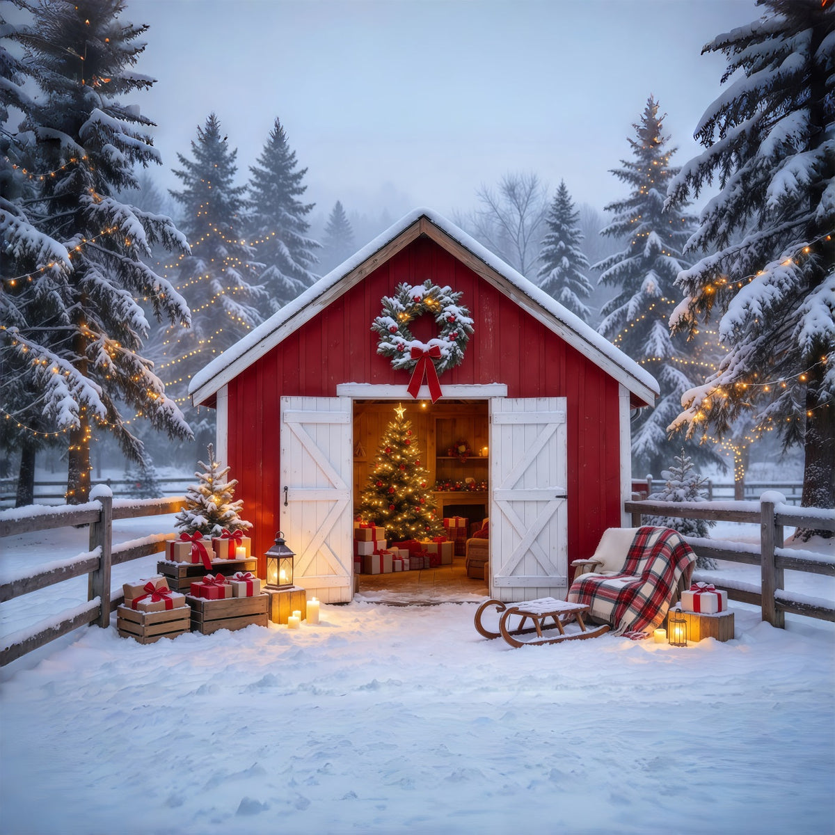 Ländlicher Weihnachtshintergrund Verschneite Rote Scheune Rückzugsort GQ69-84