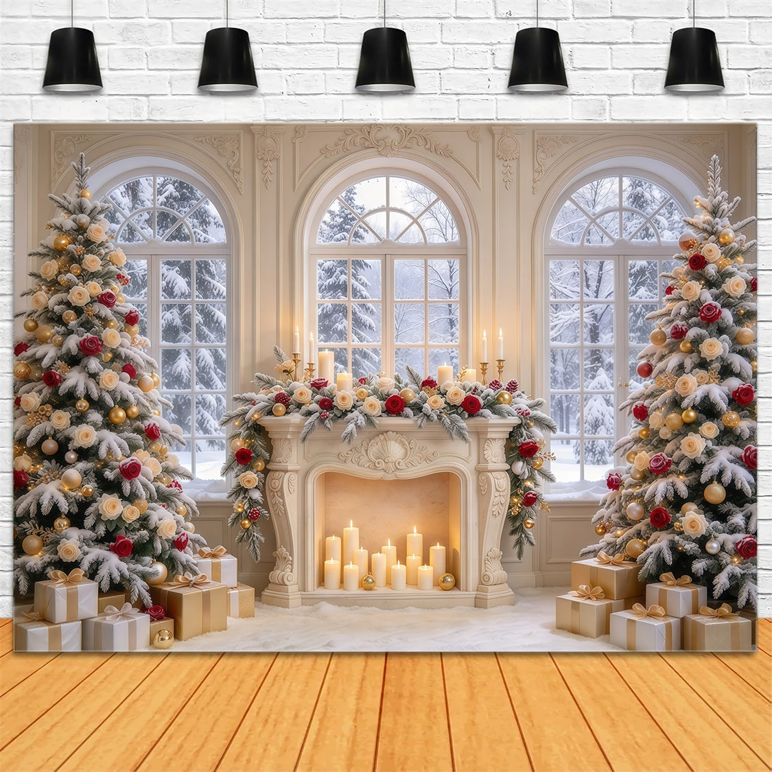 Weihnachtlicher Fotohintergrund Rosa Kamin Winterliche Eleganz GQ69-87