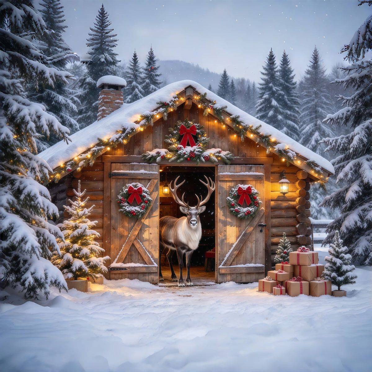 Winterlicher Weihnachtshintergrund Verschneiter Rentierhütteneingang GQ69-88