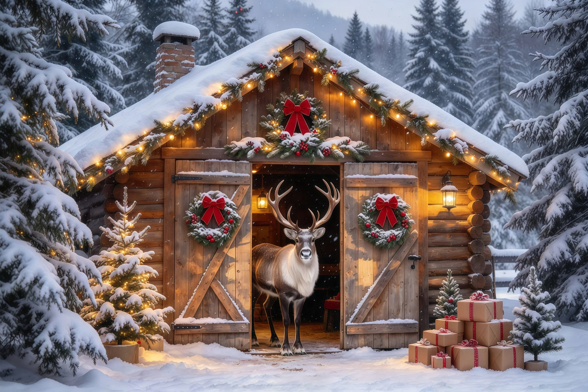 Winterlicher Weihnachtshintergrund Verschneiter Rentierhütteneingang GQ69-88