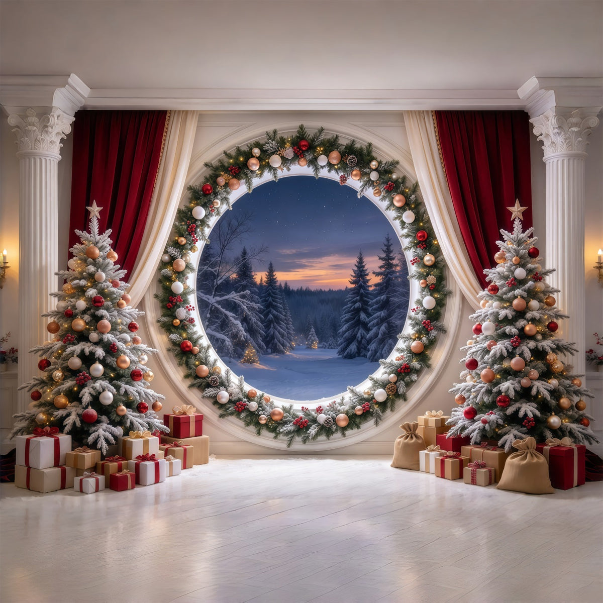 Weihnachtlicher Hintergrund Rundes Wald Fenster Girlande GQ69-90