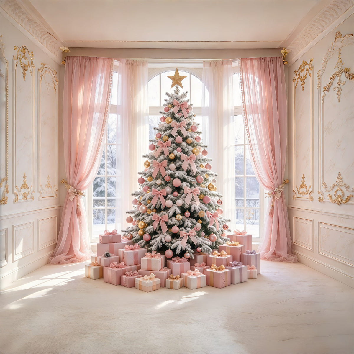 Rosa Weihnachtshintergrund Zartrosa Schleife Baum Geschenke GQ69-94