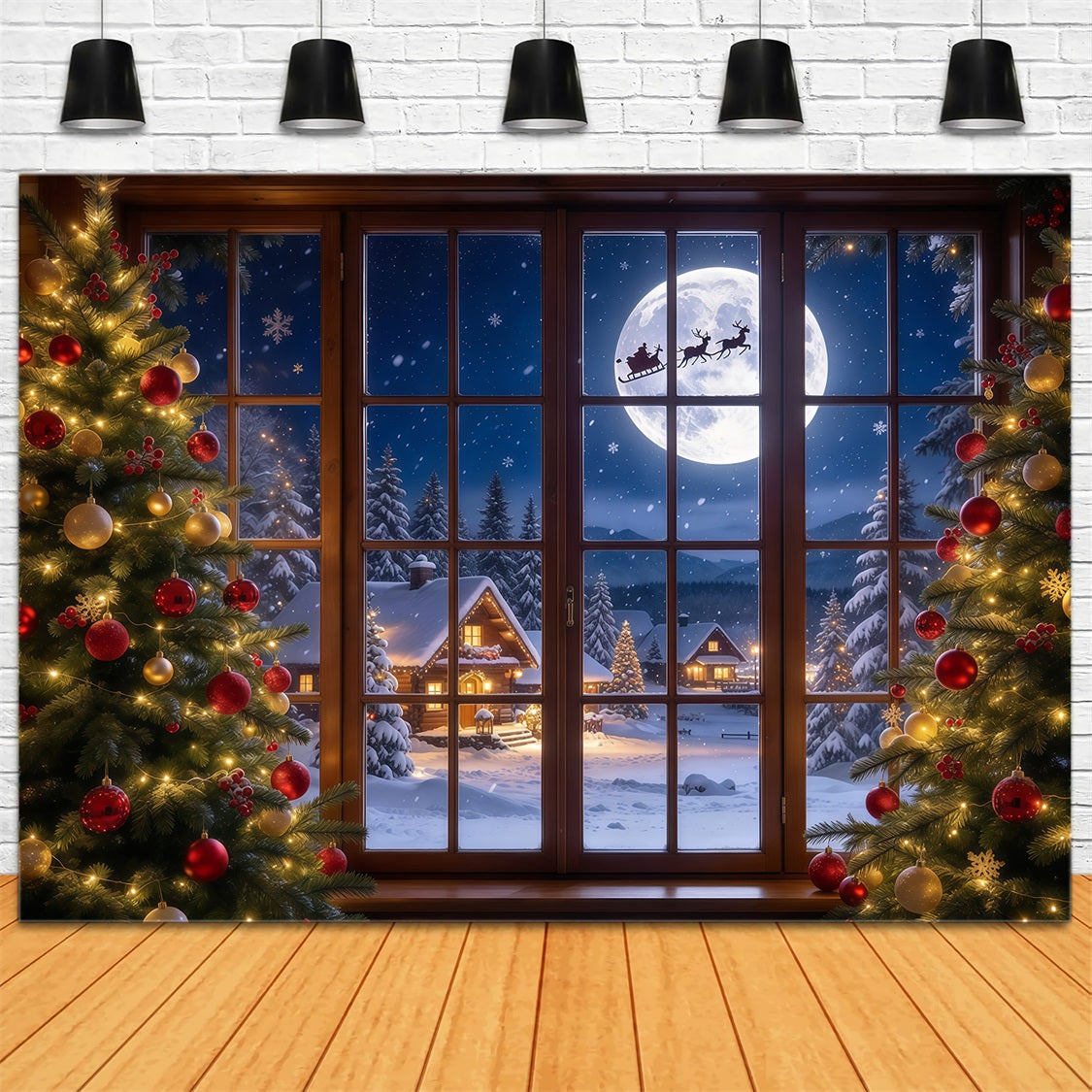 Weihnachtsfenster Hintergrund Mondbeschienener Santa Schlitten GQ69-95