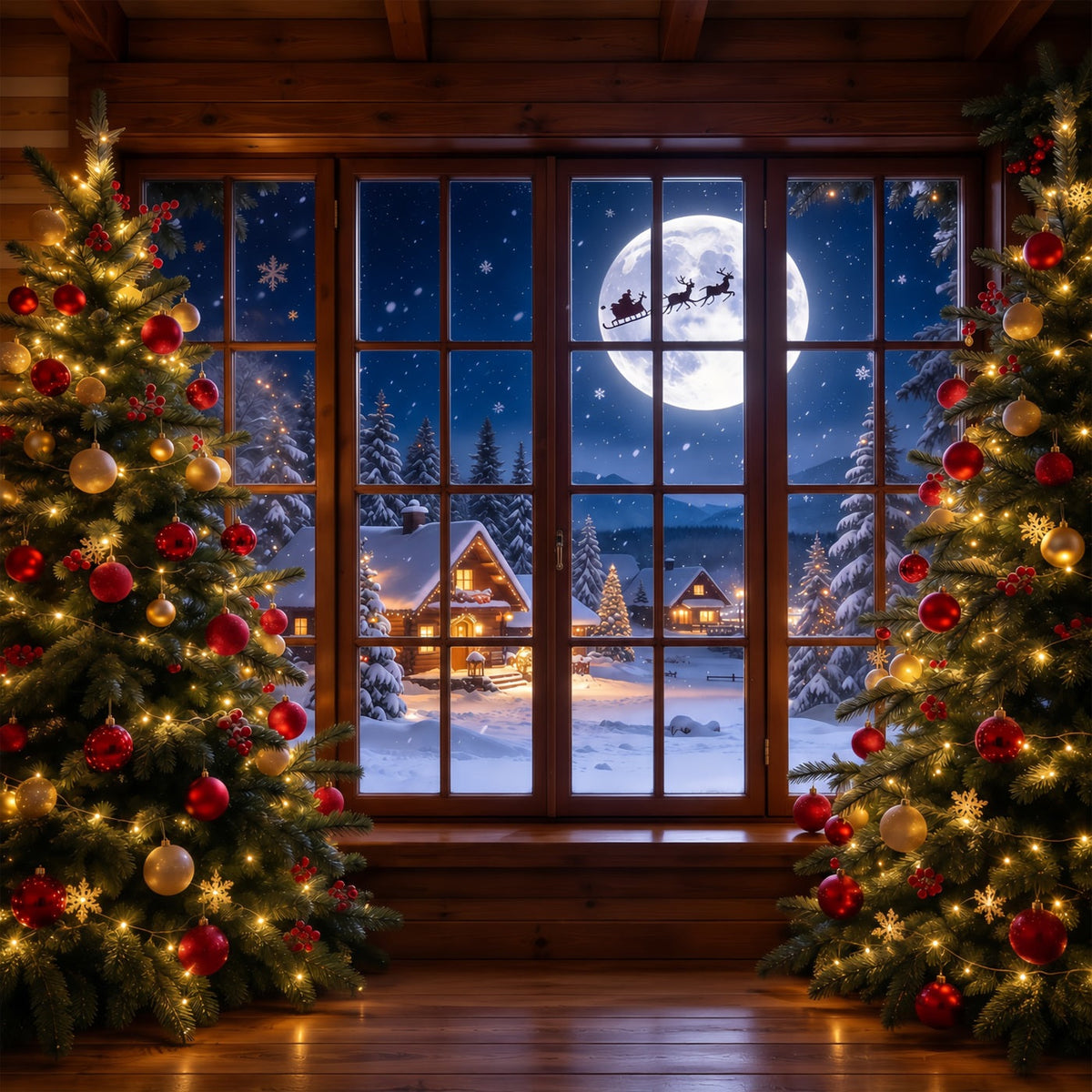 Weihnachtsfenster Hintergrund Mondbeschienener Santa Schlitten GQ69-95