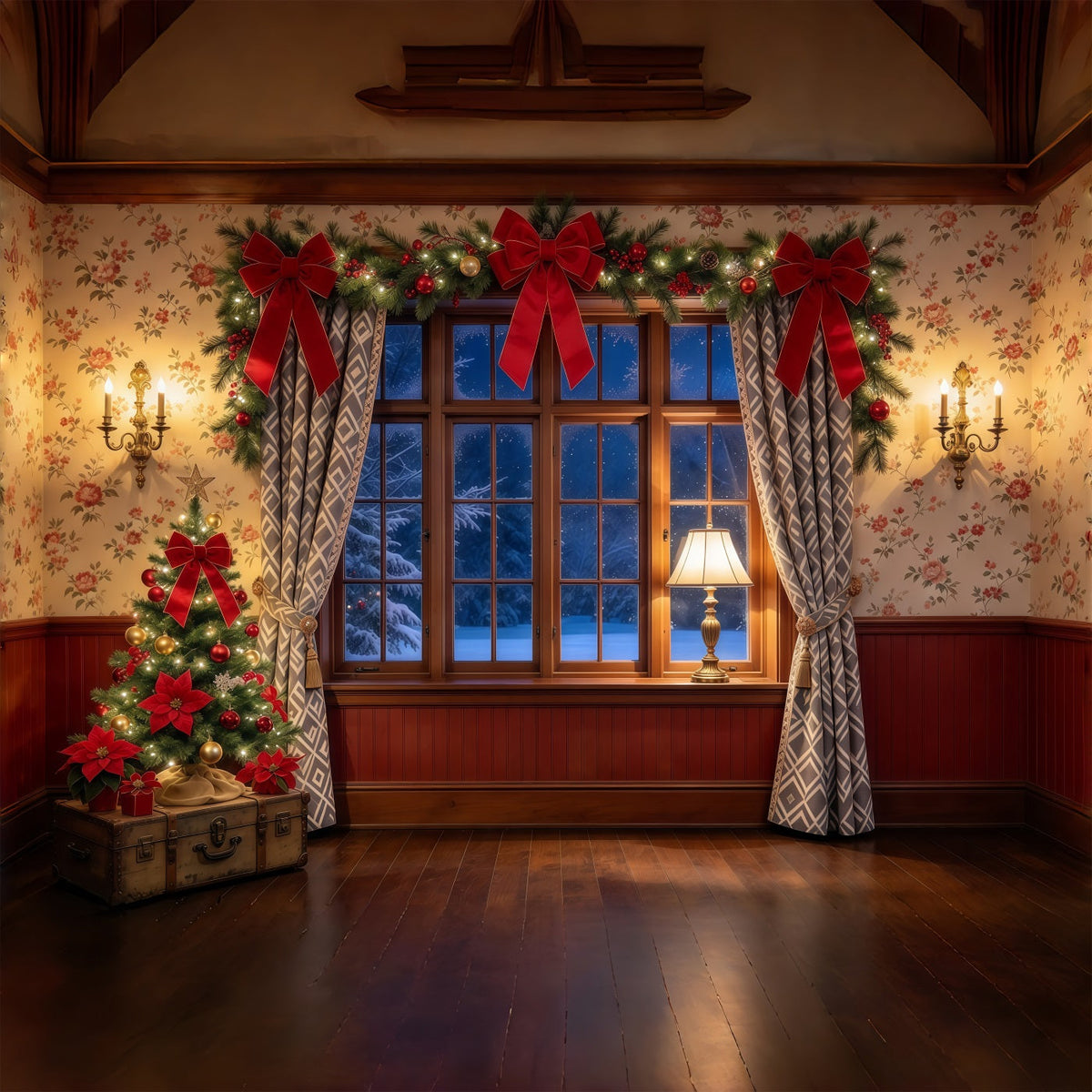 Weihnachtlicher Fotohintergrund Gemütliches Schleifenfenster Festliche Dekoration GQ69-97