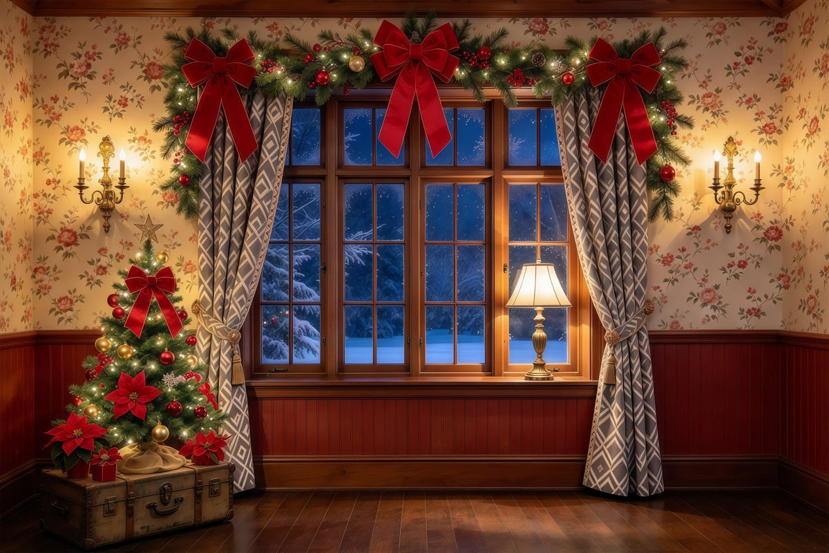 Weihnachtlicher Fotohintergrund Gemütliches Schleifenfenster Festliche Dekoration GQ69-97