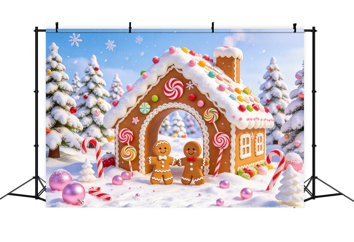 Weihnachtlicher Zuckerstangen Hintergrund Verschneites Süßigkeitenhaus Lebkuchenmann GQ69-99