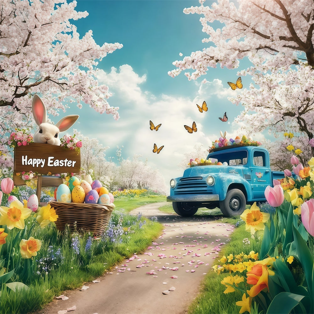 Ostern Foto-Ideen Romantische Blüte Blauer Truck Hintergrund GTY3-243