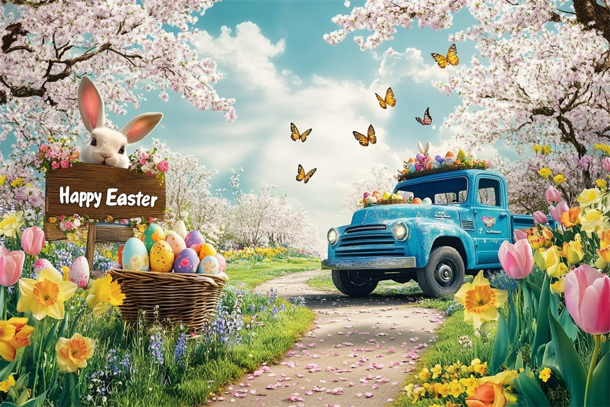Ostern Foto-Ideen Romantische Blüte Blauer Truck Hintergrund GTY3-243