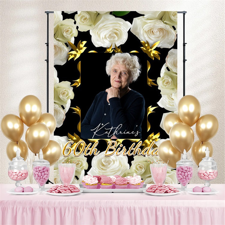 Personalisierte 60. Geburtstag Backdrop Weiße Rose Feier Backdrop GTY3-262