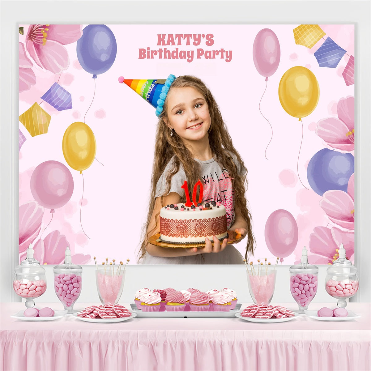 Personalisierte Geburtstag Foto-Hintergrund Pastell Blumen Ballons Backdrop GTY3-265